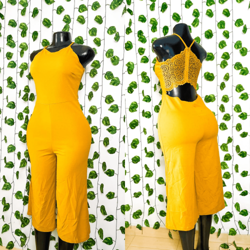 Mustard yellow culotte jumpsuit, heavy cotton, stretchy material. Size 10/12