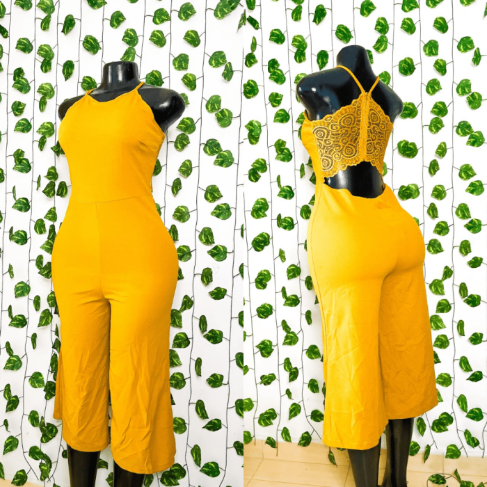 Mustard yellow culotte jumpsuit, heavy cotton, stretchy material. Size 10/12